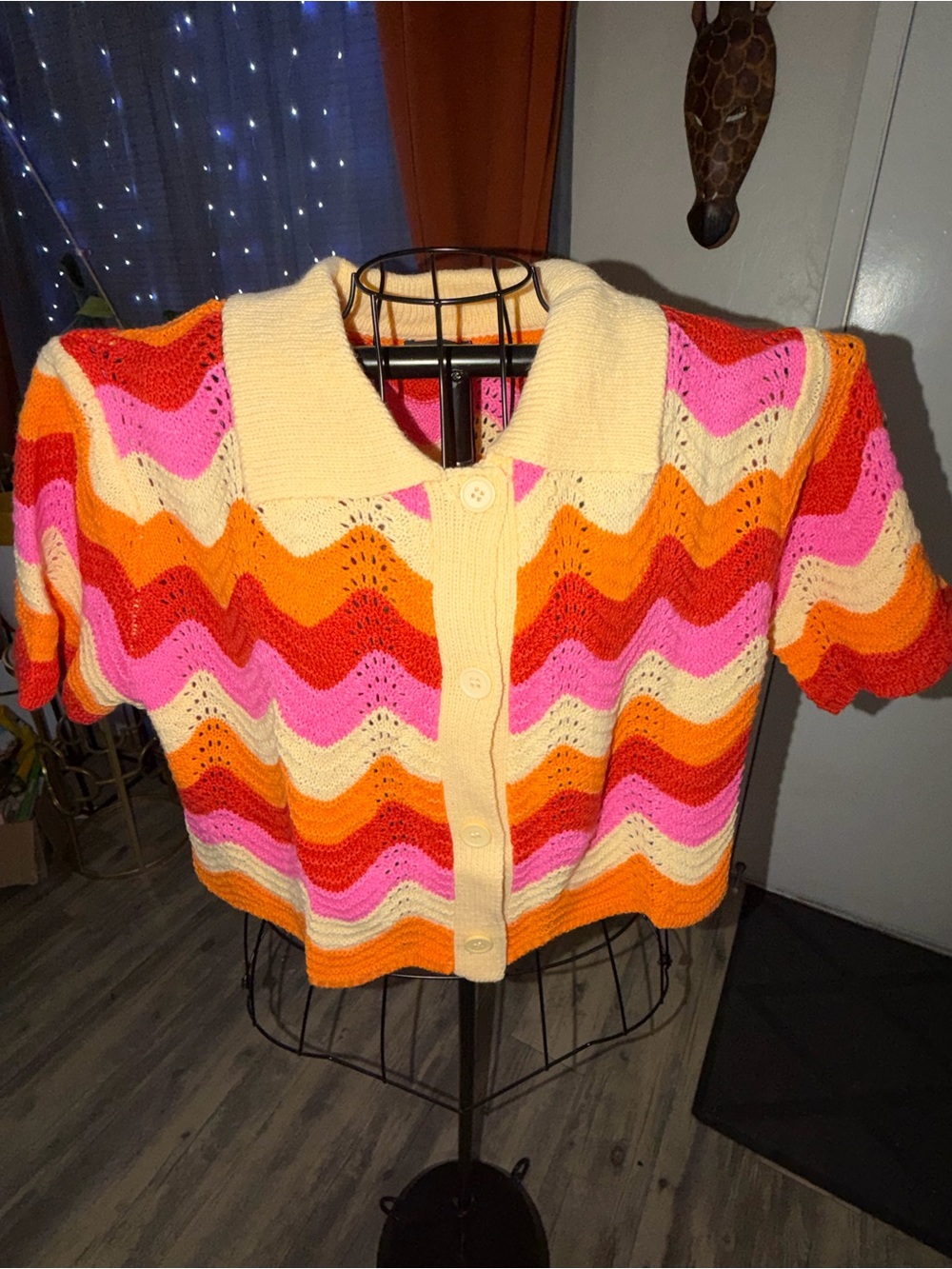 Chevron Knit Button-Front Cardigan - Pink, Orange, Cream